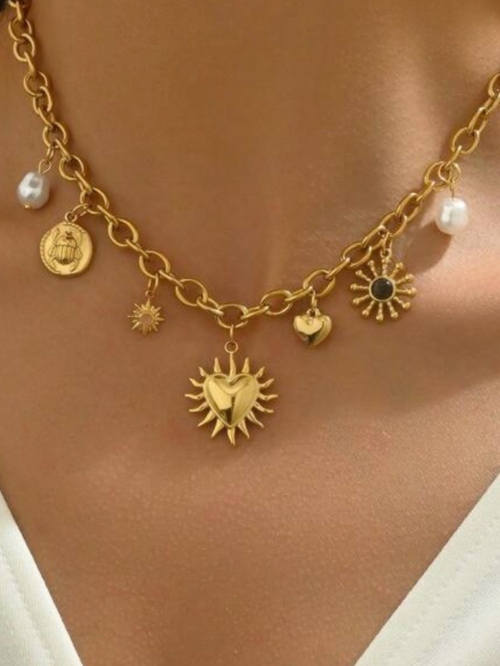 Gold Sun Heart Charm Chain Necklace with Pearl Accents - Women Jewelry